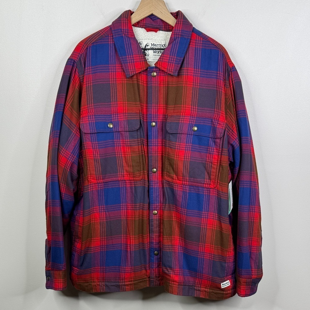 Marmot Ridgefield Sherpa Lined Flannel Shirt Jacket XXL Red Blue Shacket NWT